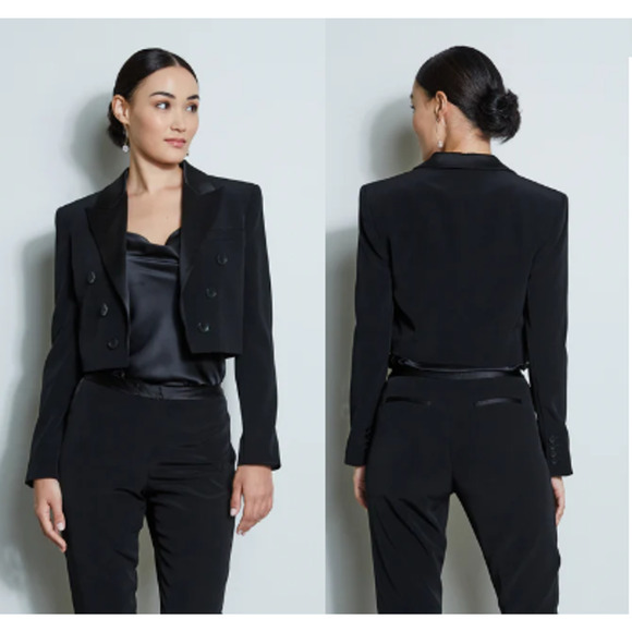 Elie Tahari Long Sleeve Open Front Tuxedo Crop Blazer Jacket Black Women Size 6
